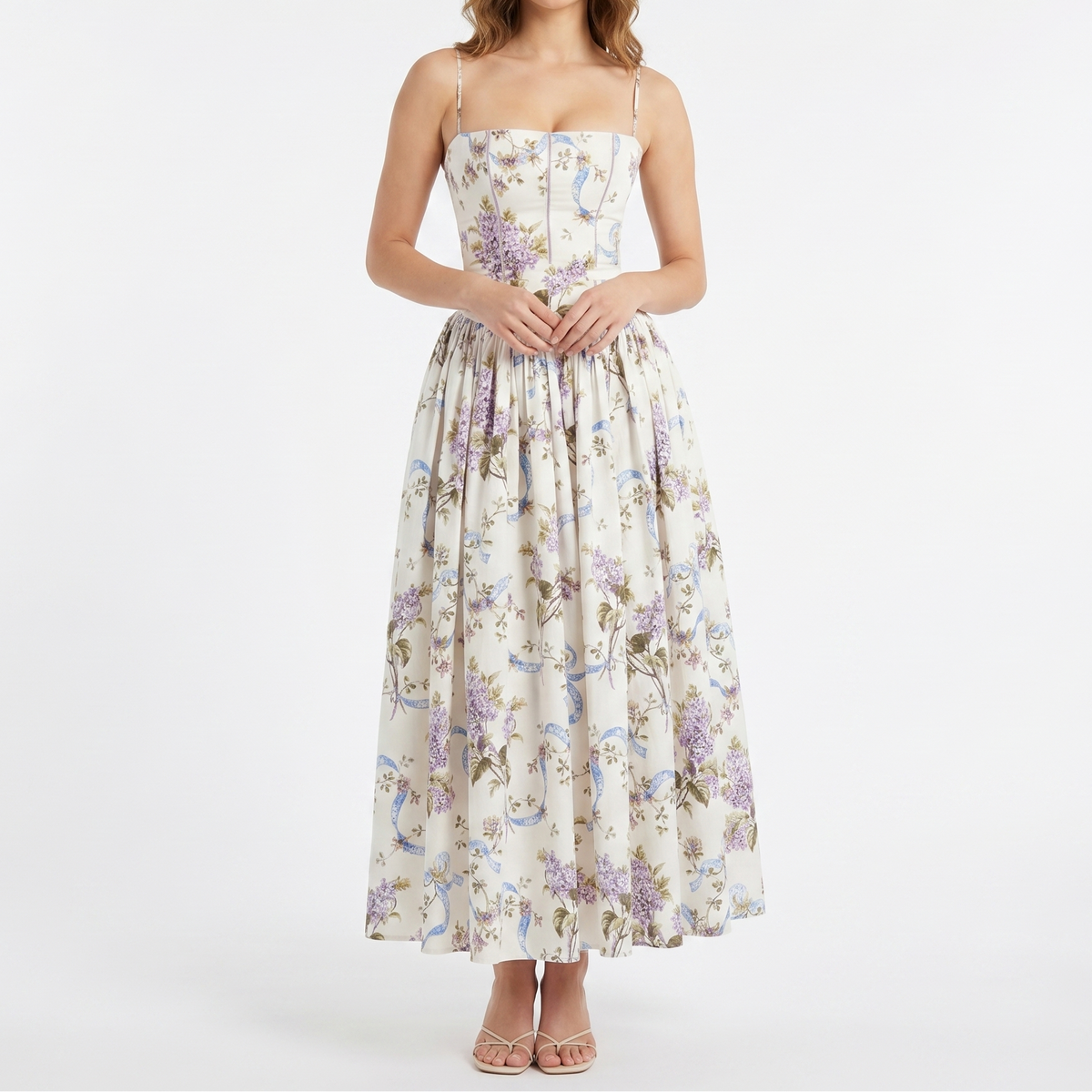 Women's Corset Midi Dress Spaghetti Strap Full Skirt Linen Summer