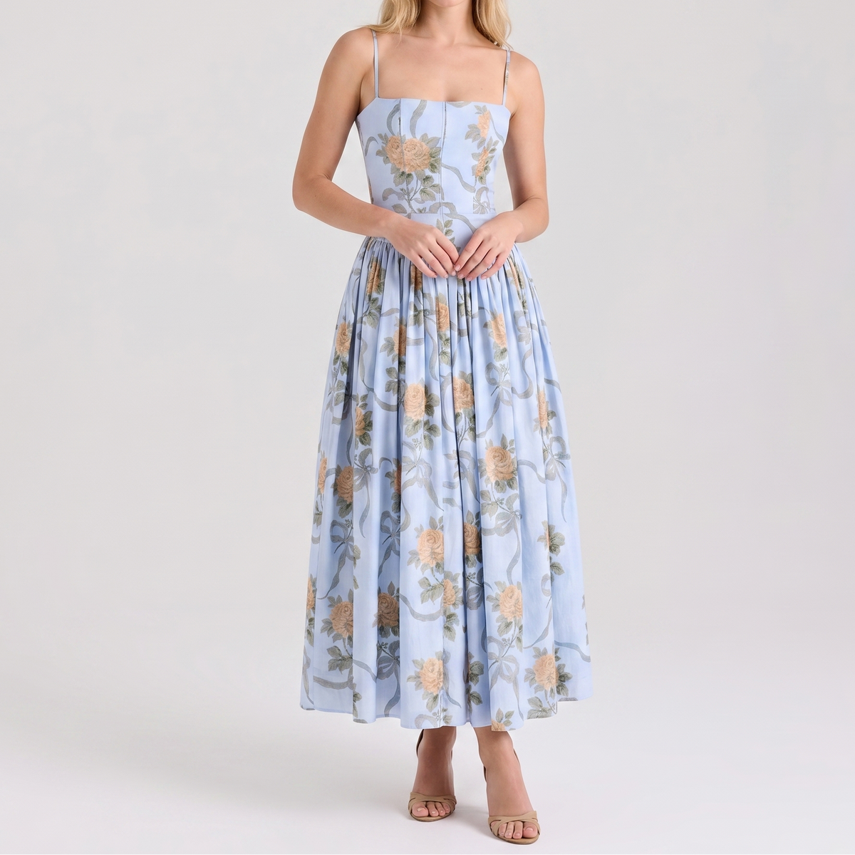 Women's Corset Midi Dress Spaghetti Strap Full Skirt Linen Summer