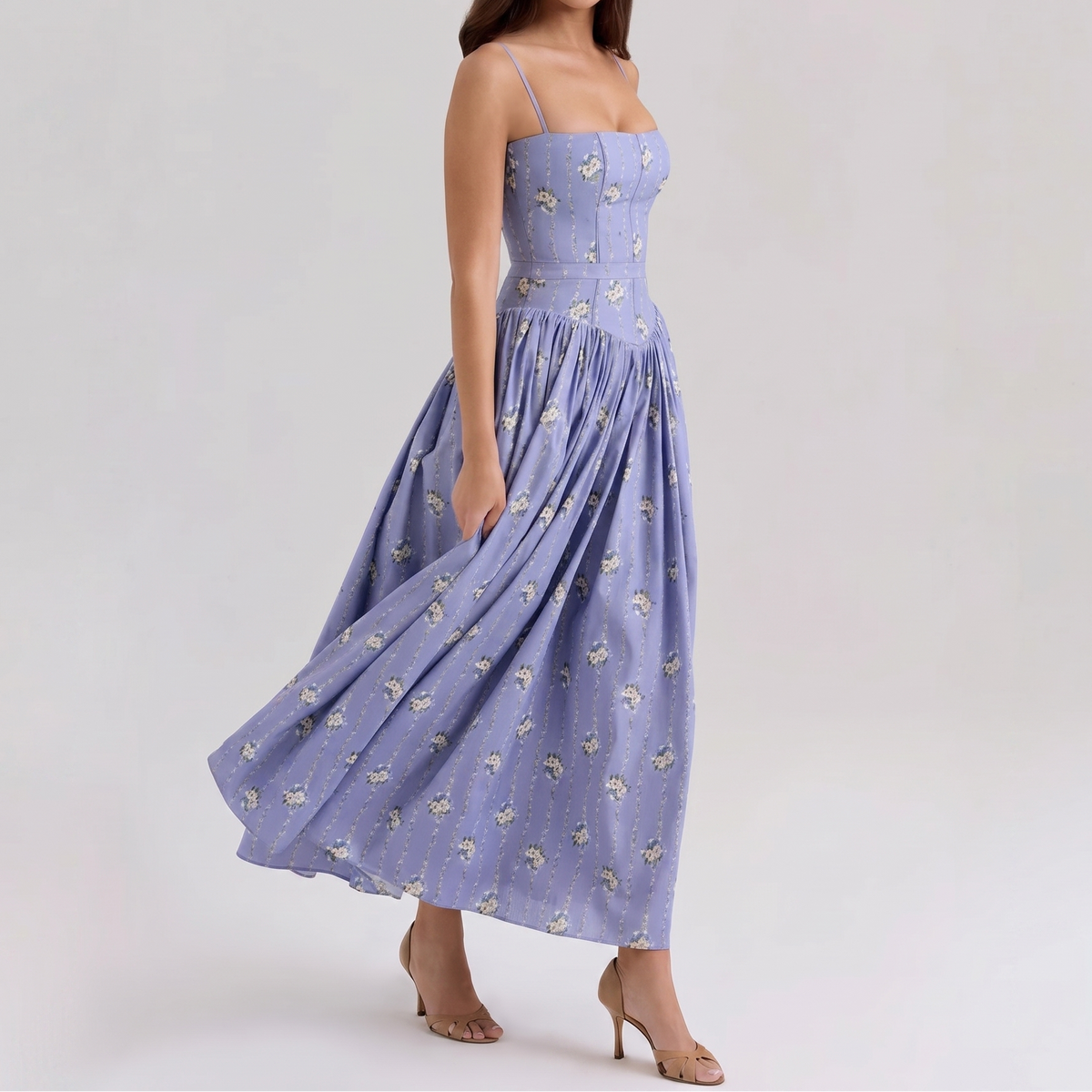 Women's Corset Midi Dress Spaghetti Strap Full Skirt Linen Summer