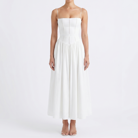 Women's Corset Midi Dress Spaghetti Strap Full Skirt Linen Summer