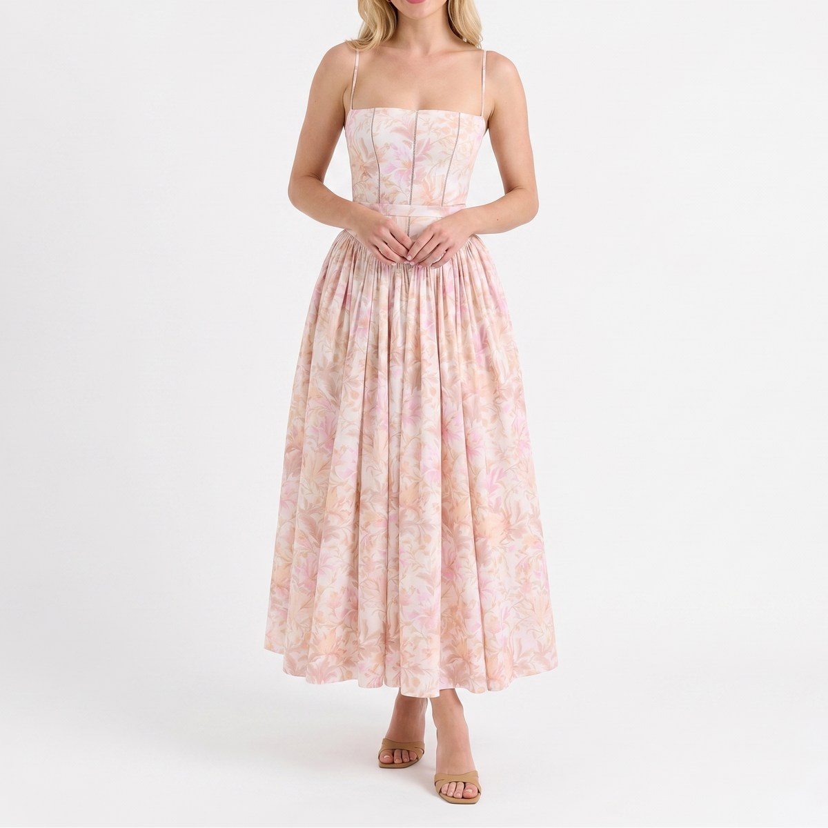 Women's Corset Midi Dress Spaghetti Strap Full Skirt Linen Summer