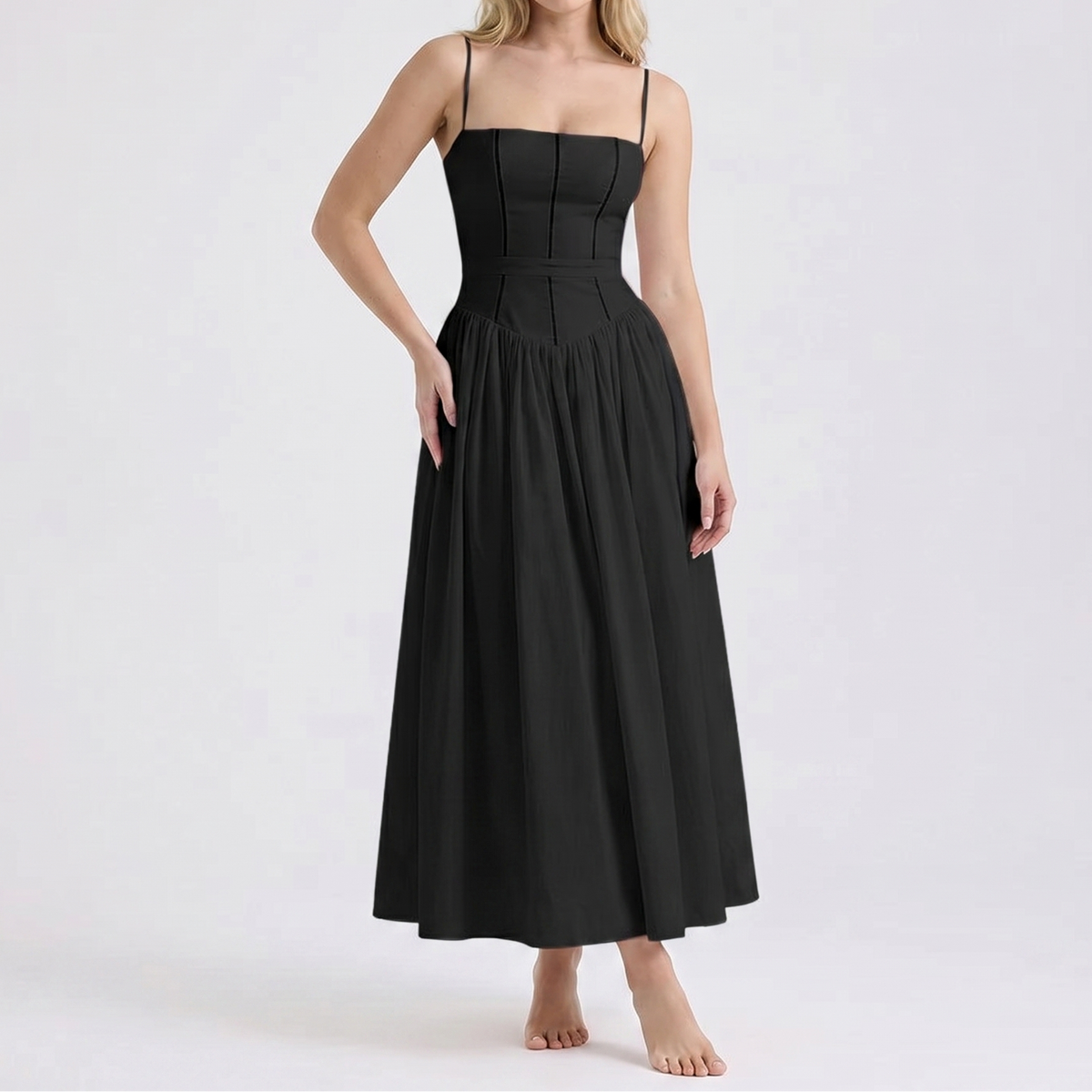 Women's Corset Midi Dress Spaghetti Strap Full Skirt Linen Summer