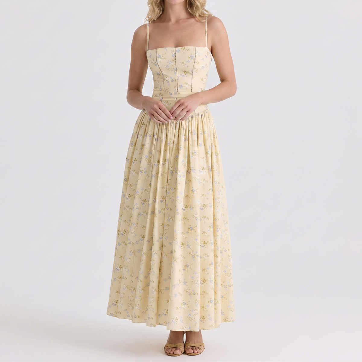 Women's Corset Midi Dress Spaghetti Strap Full Skirt Linen Summer