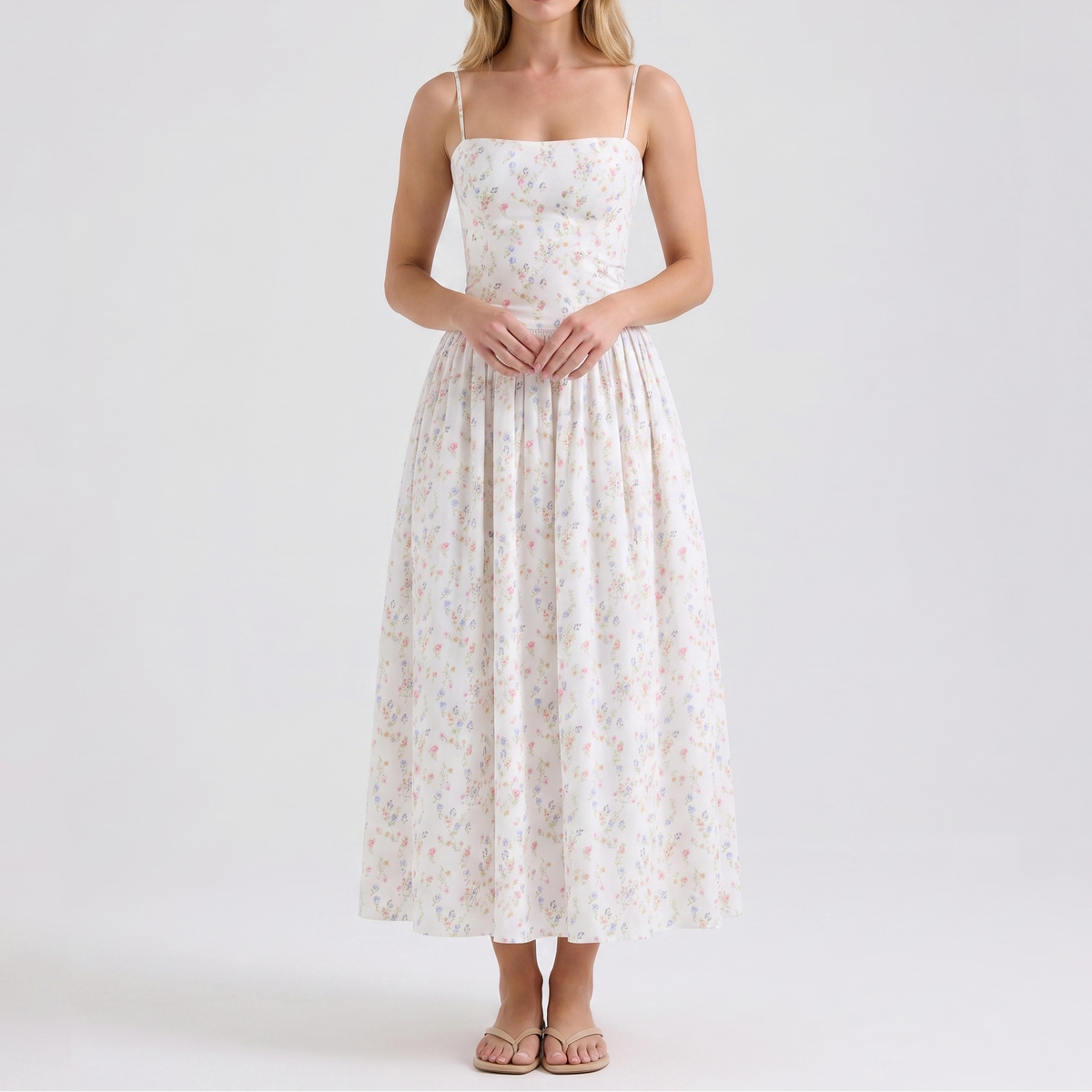 Women's Corset Midi Dress Spaghetti Strap Full Skirt Linen Summer
