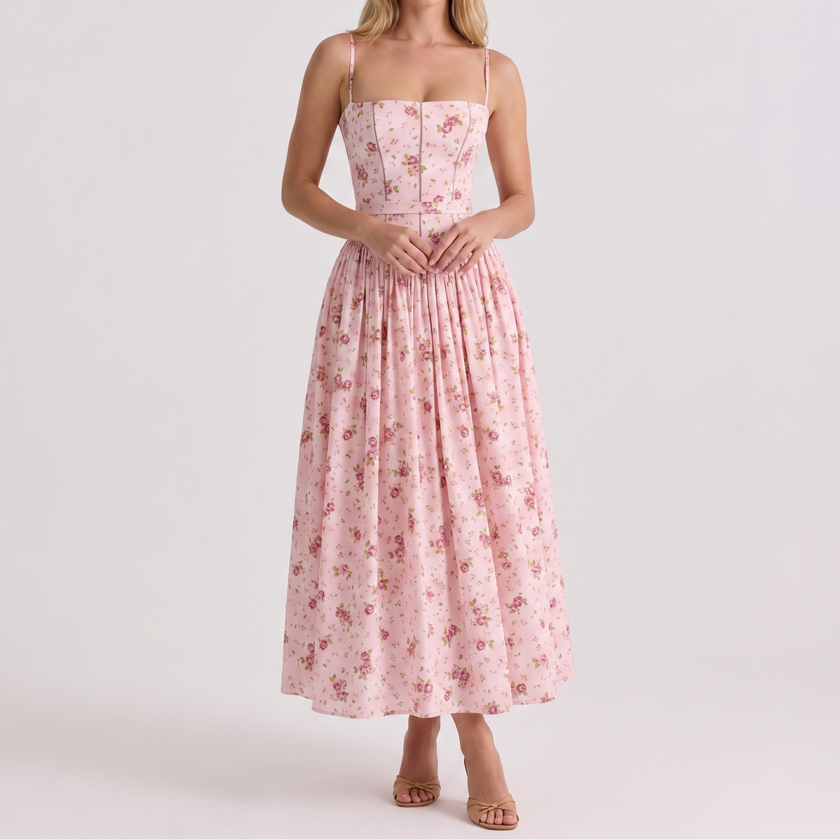 Women's Corset Midi Dress Spaghetti Strap Full Skirt Linen Summer