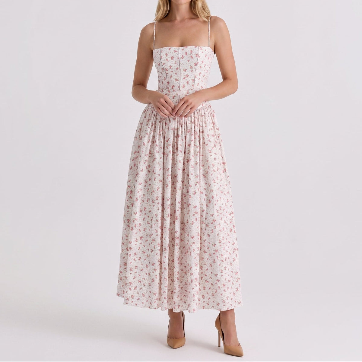 Women's Corset Midi Dress Spaghetti Strap Full Skirt Linen Summer