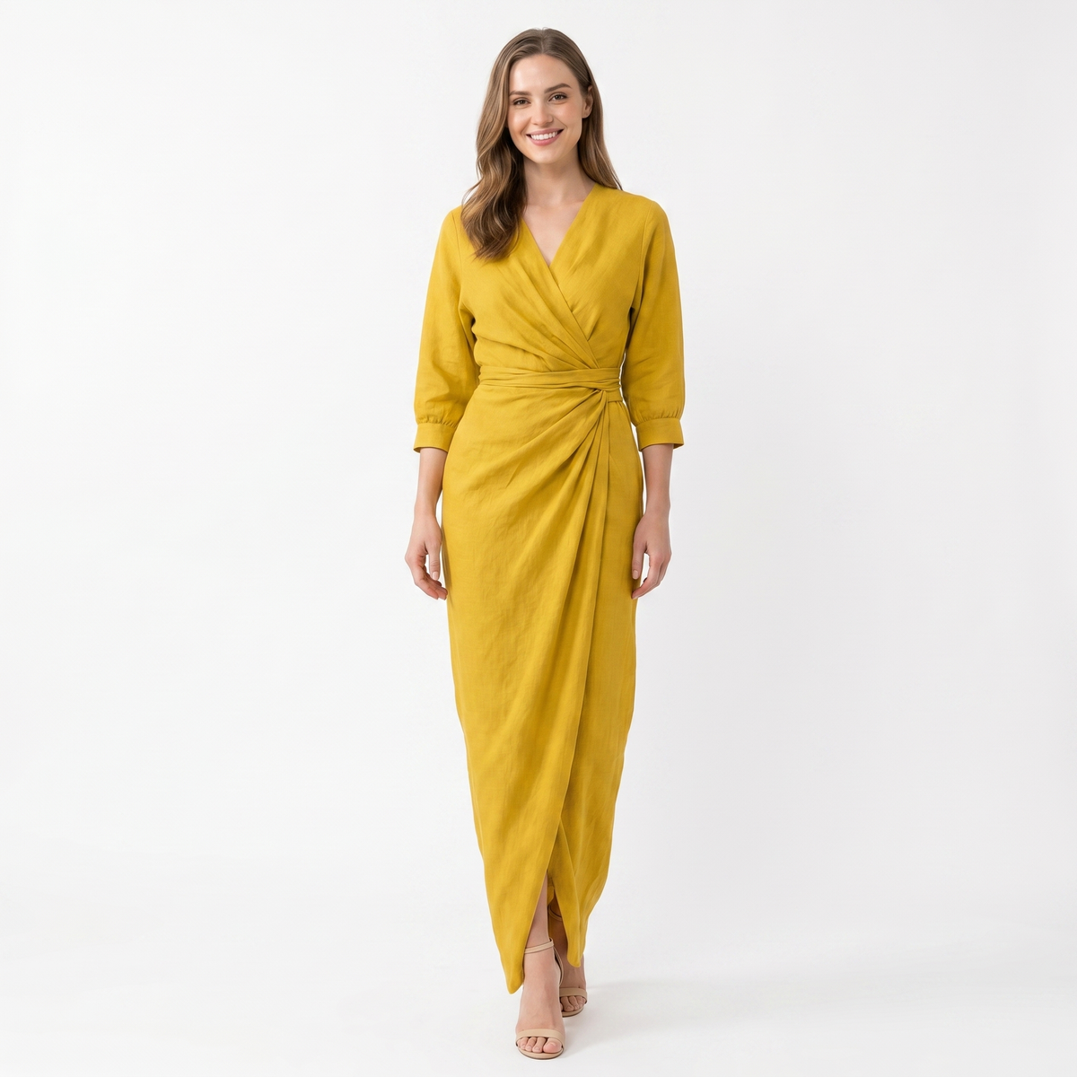 Women's Linen Maxi Dress Long Sleeve Wrap V Neck Draped Gathered