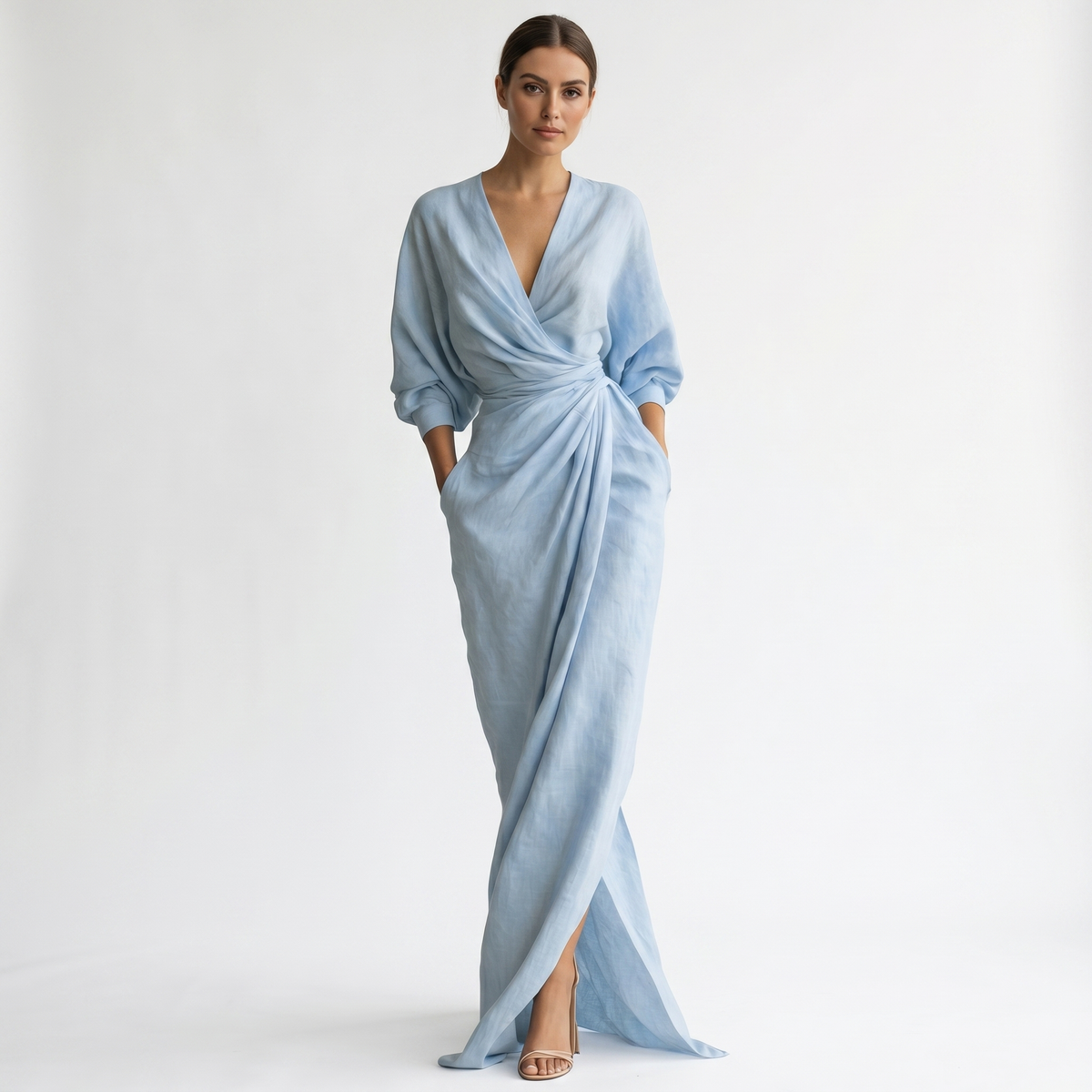Women's Linen Maxi Dress Long Sleeve Wrap V Neck Draped Gathered