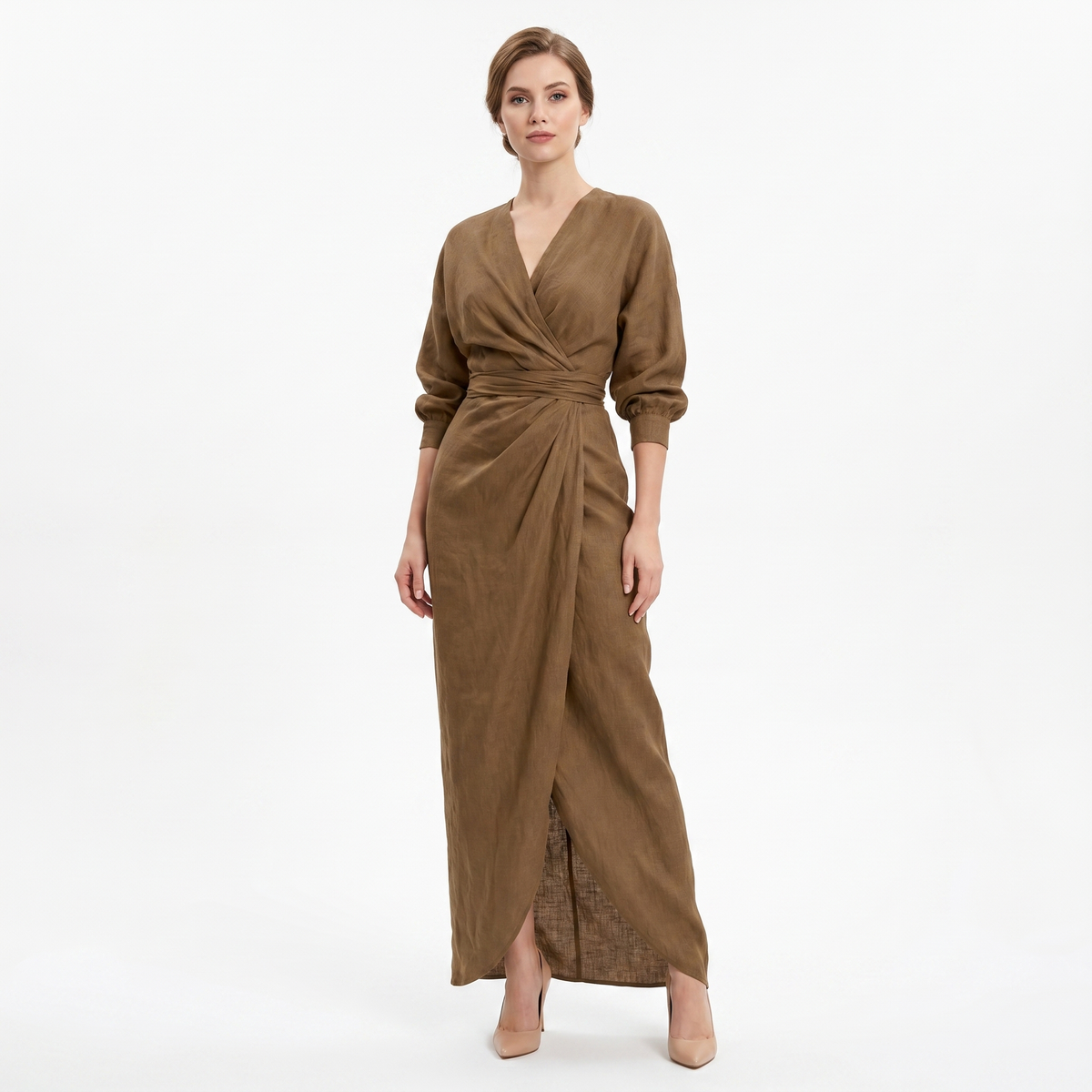 Women's Linen Maxi Dress Long Sleeve Wrap V Neck Draped Gathered