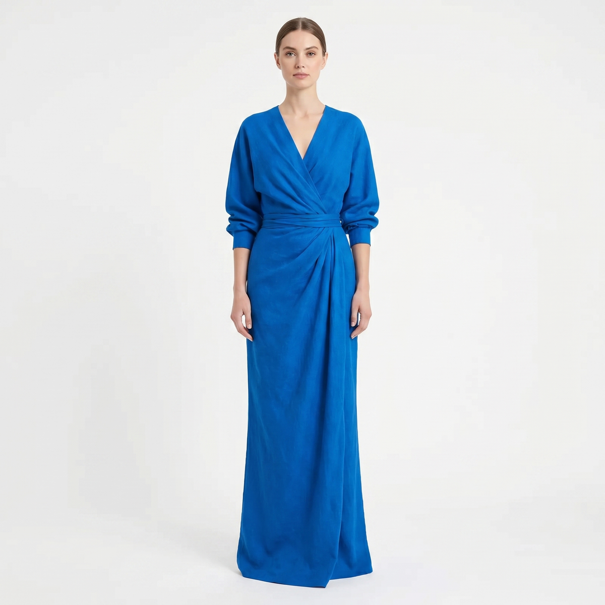 Women's Linen Maxi Dress Long Sleeve Wrap V Neck Draped Gathered
