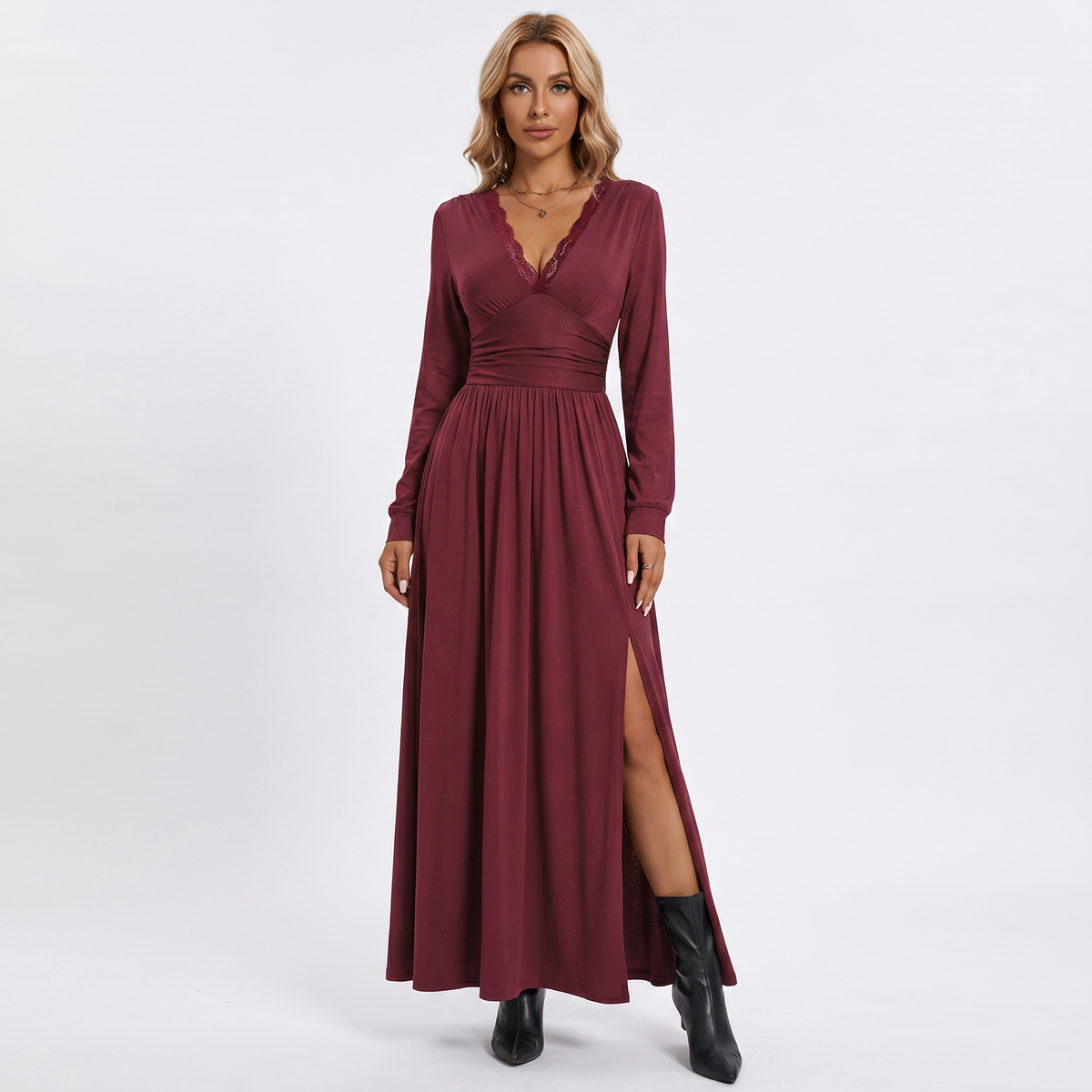 Women's Full Sleeves Winter Dress – Lace Trim V-Neck Ruched Waist Maxi Split