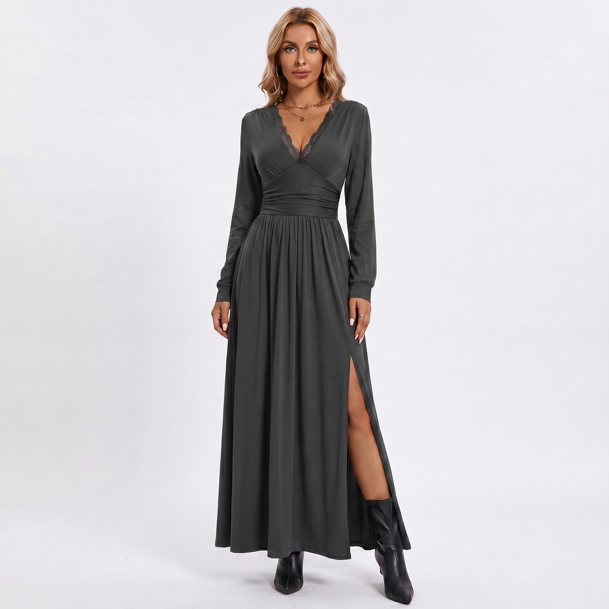 Women's Full Sleeves Winter Dress – Lace Trim V-Neck Ruched Waist Maxi Split