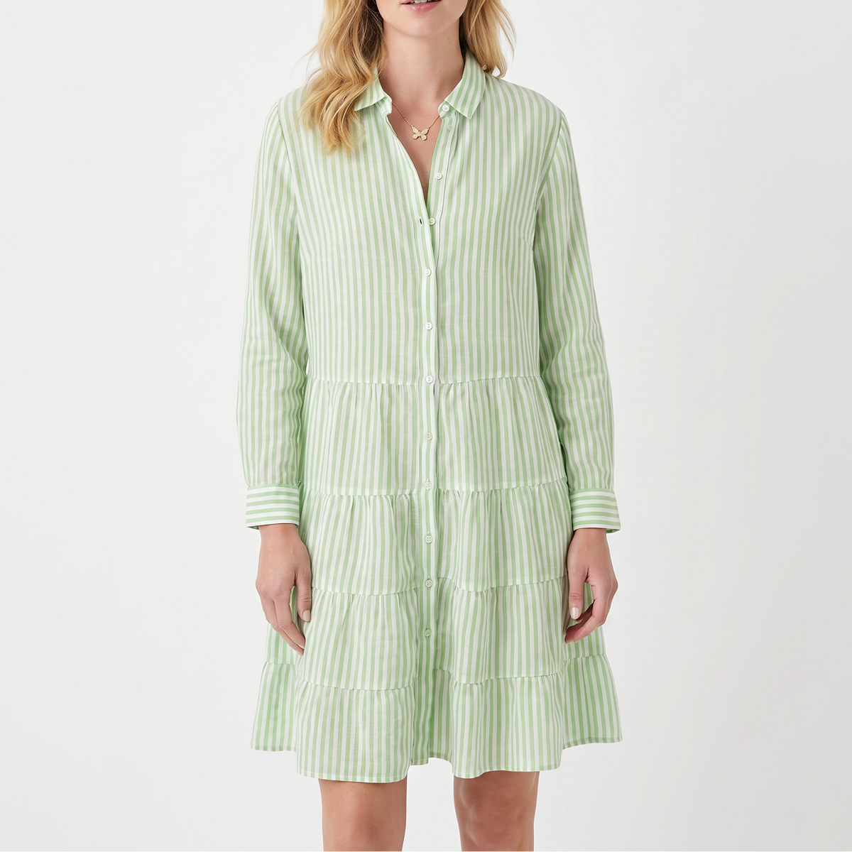 Women's Striped Shirt Dress Tiered Button Down Collared Linen Mini