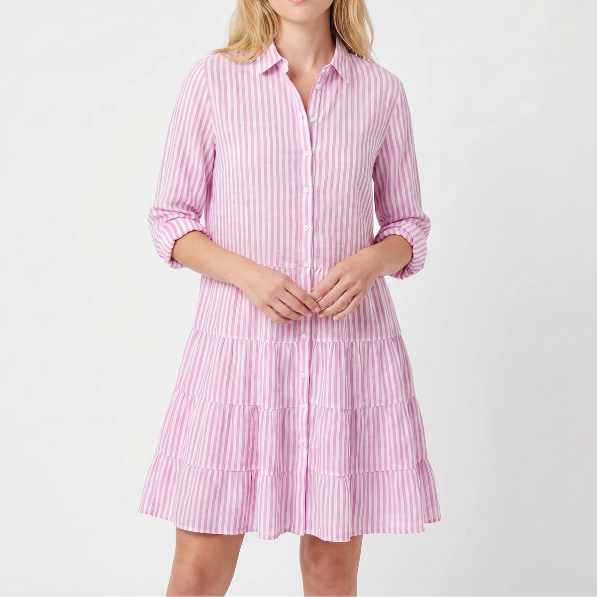 Women's Striped Shirt Dress Tiered Button Down Collared Linen Mini
