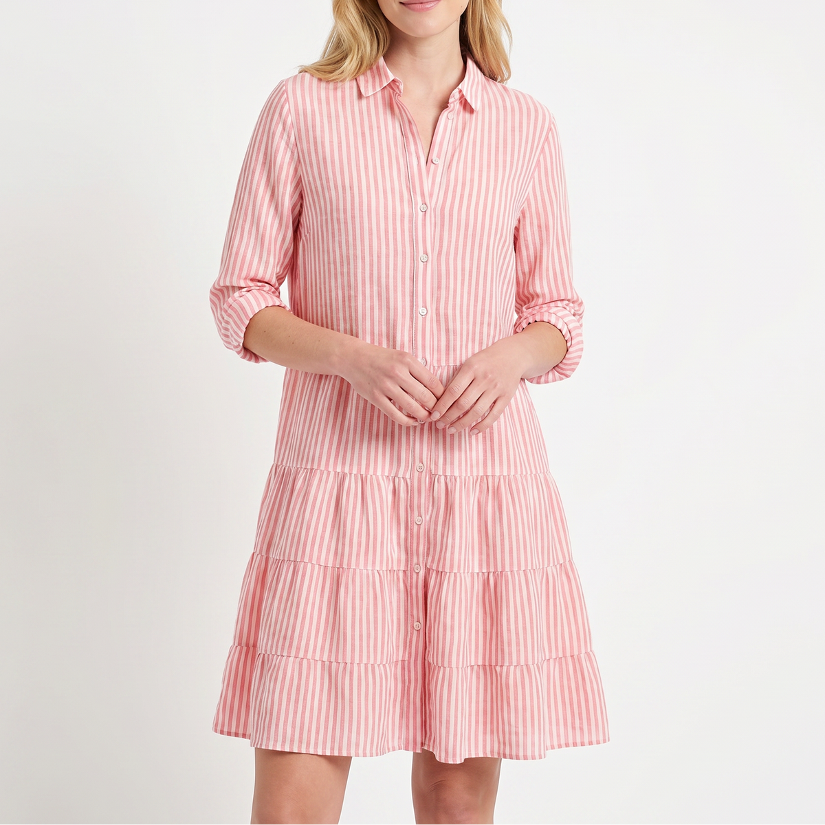Women's Striped Shirt Dress Tiered Button Down Collared Linen Mini