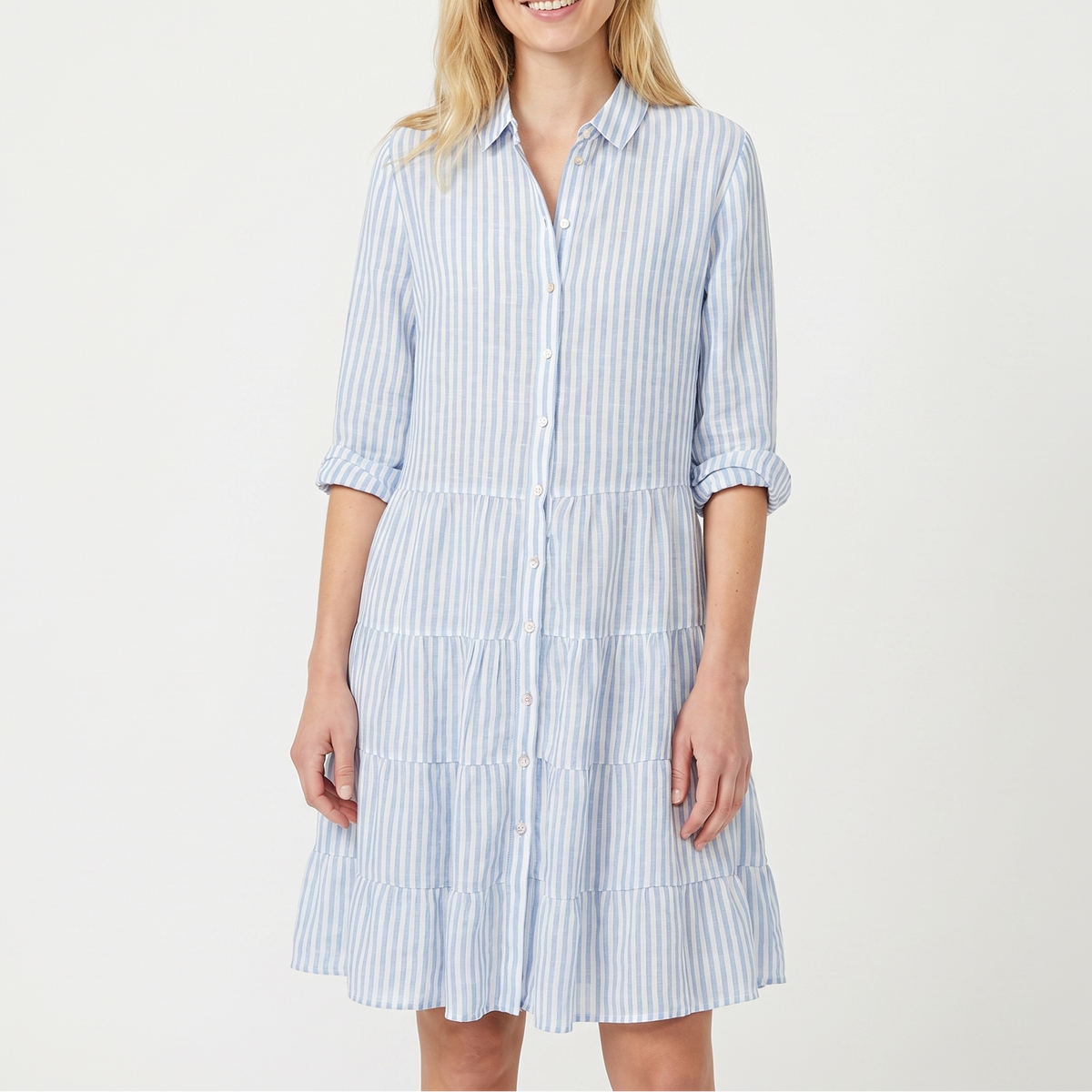 Women's Striped Shirt Dress Tiered Button Down Collared Linen Mini