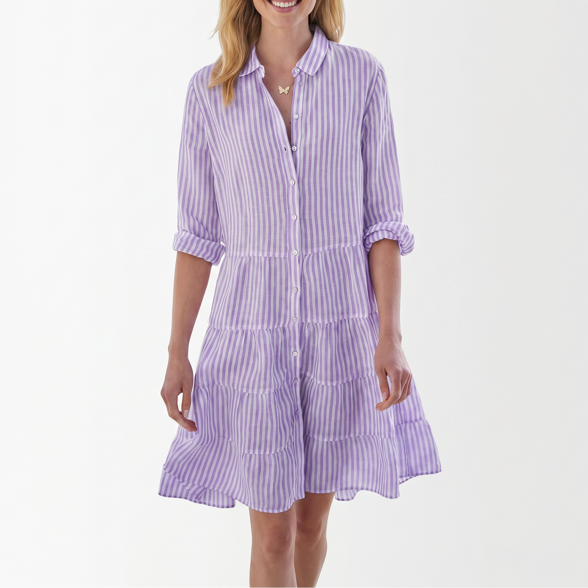 Women's Striped Shirt Dress Tiered Button Down Collared Linen Mini
