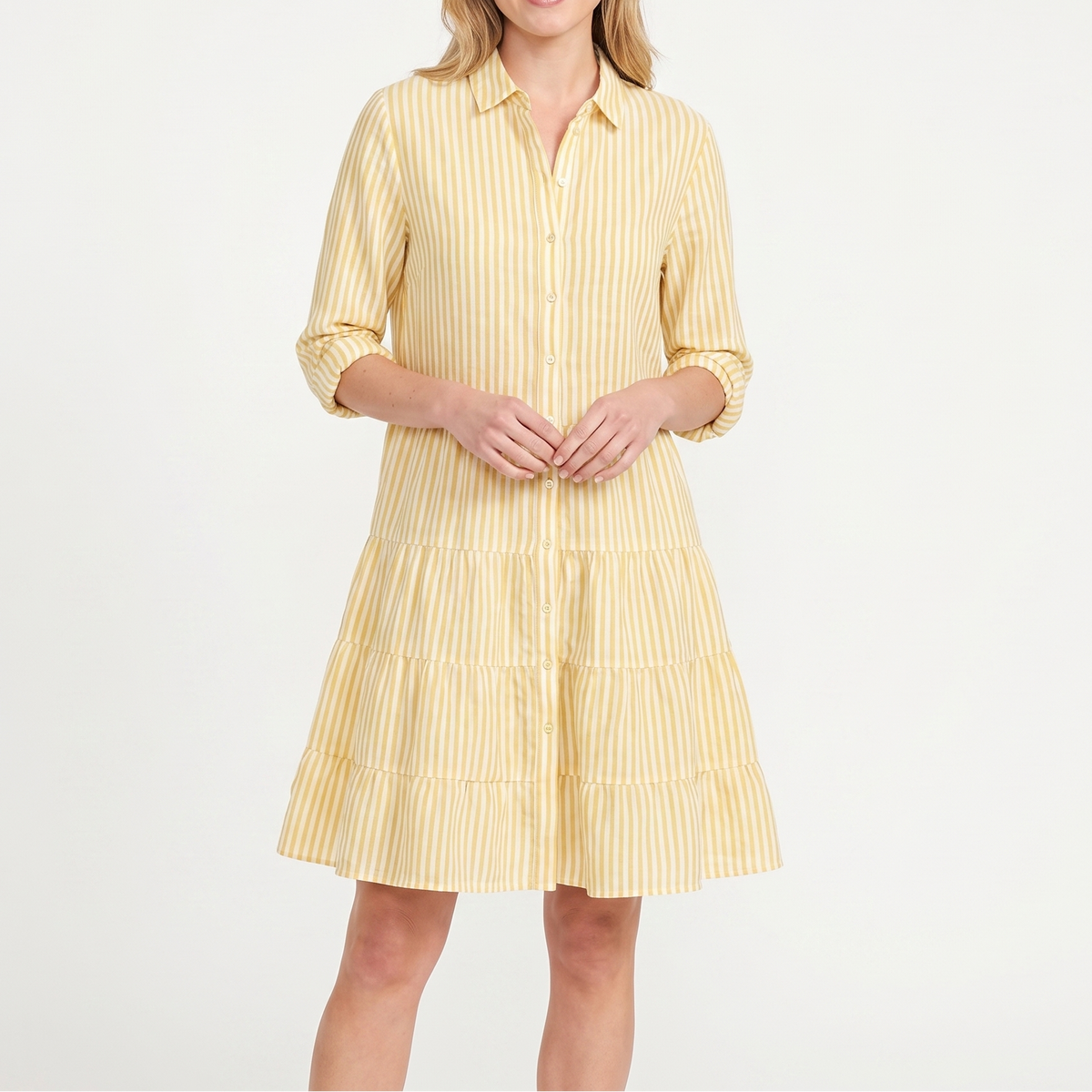 Women's Striped Shirt Dress Tiered Button Down Collared Linen Mini
