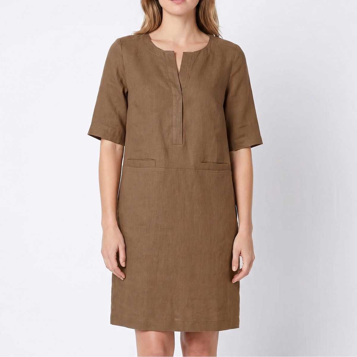 Women's Linen Shift Dress Half Sleeve Notch Neck Pockets Midi