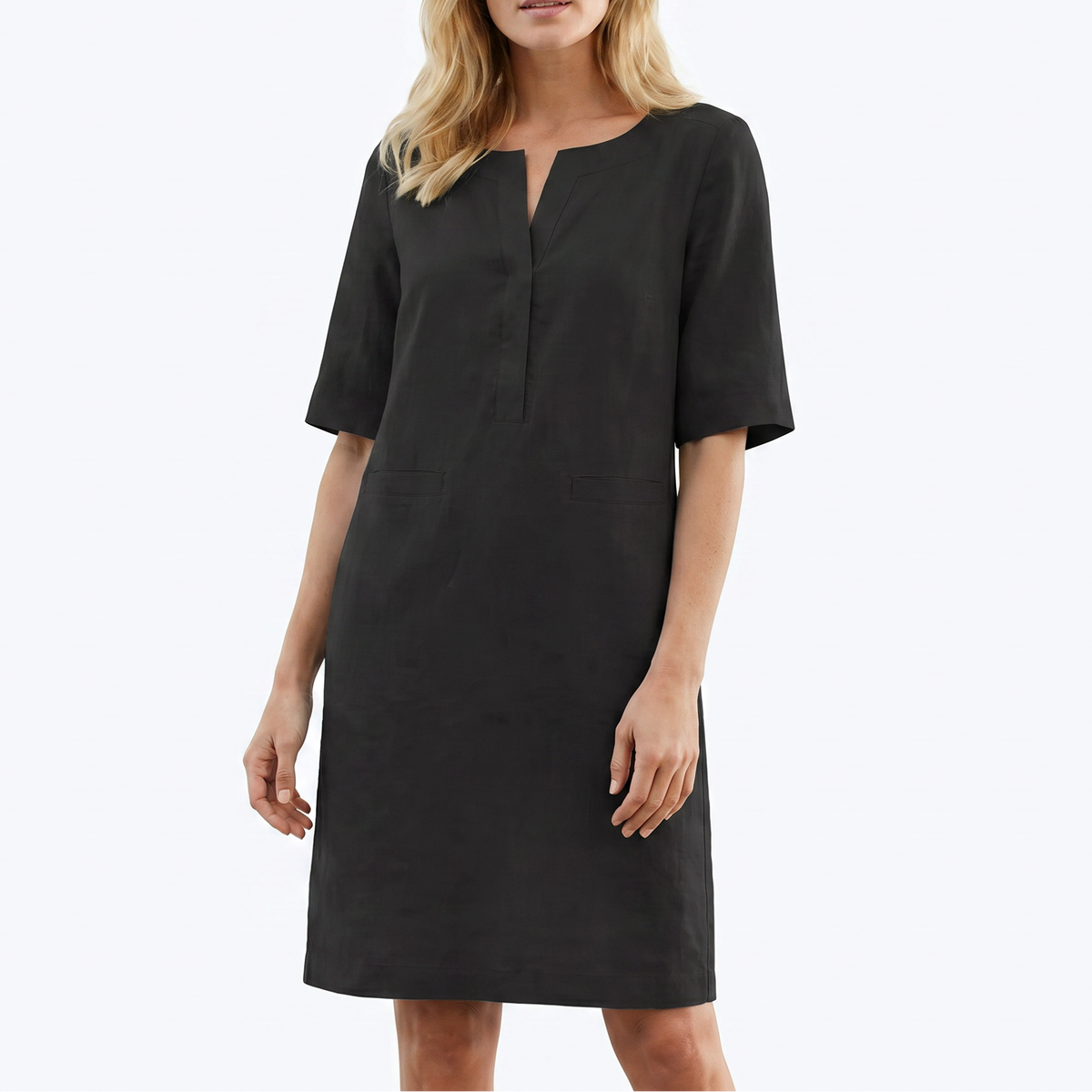 Women's Linen Shift Dress Half Sleeve Notch Neck Pockets Midi