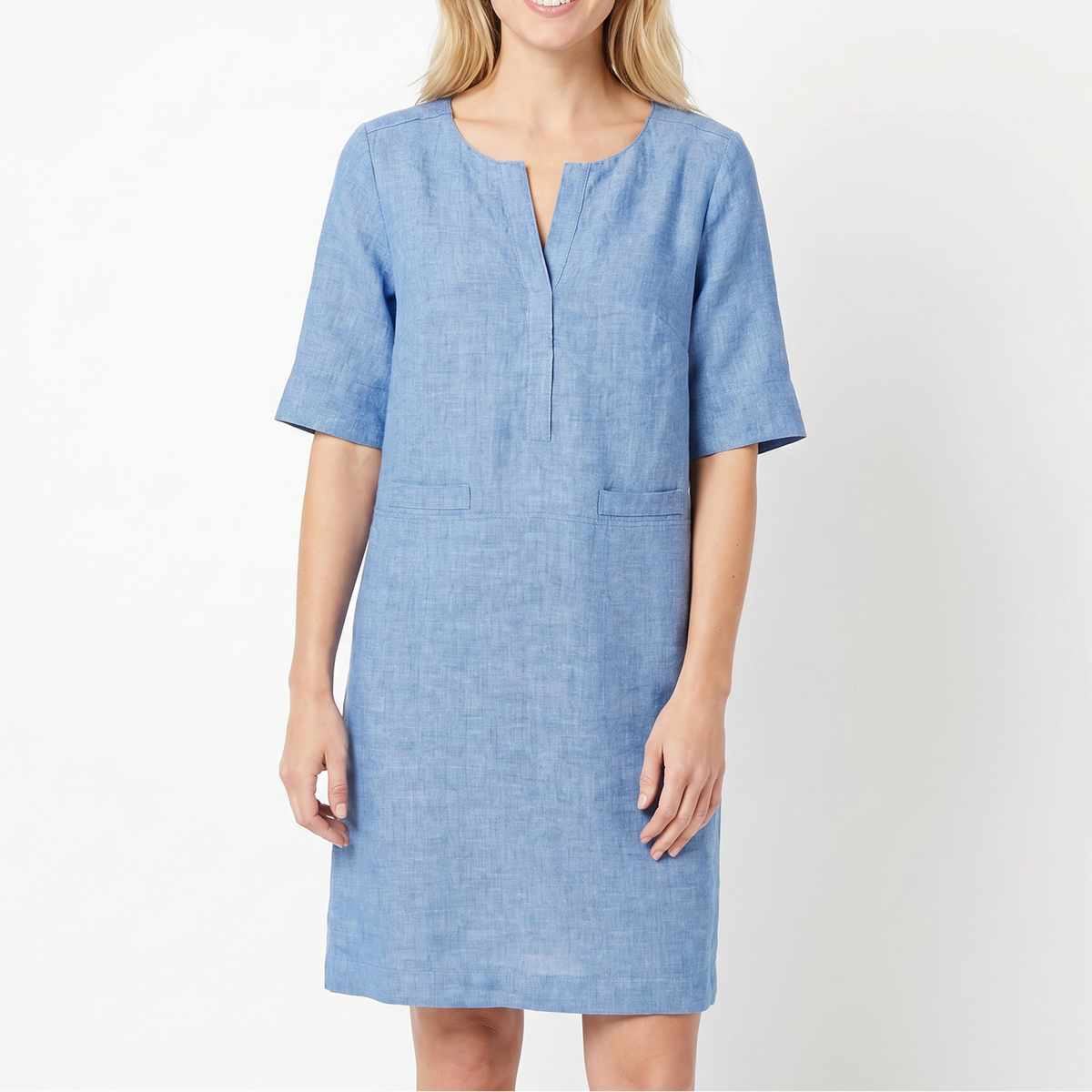 Women's Linen Shift Dress Half Sleeve Notch Neck Pockets Midi