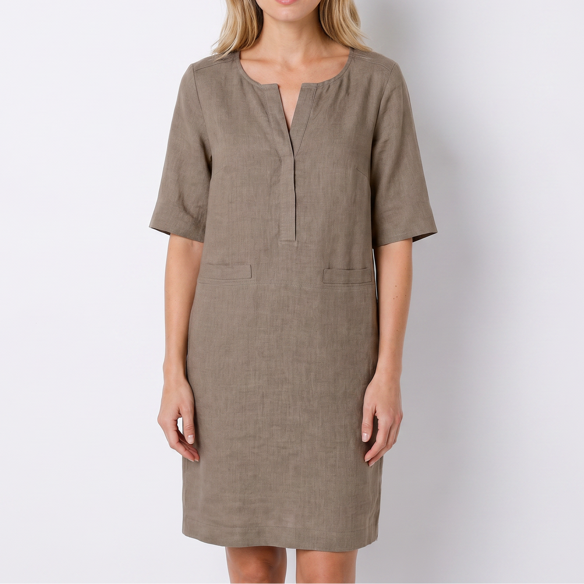 Women's Linen Shift Dress Half Sleeve Notch Neck Pockets Midi