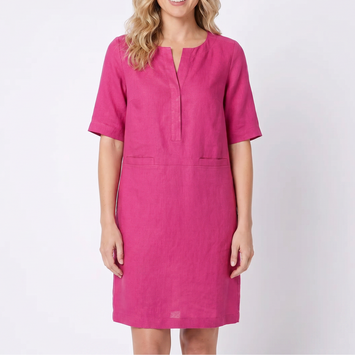 Women's Linen Shift Dress Half Sleeve Notch Neck Pockets Midi