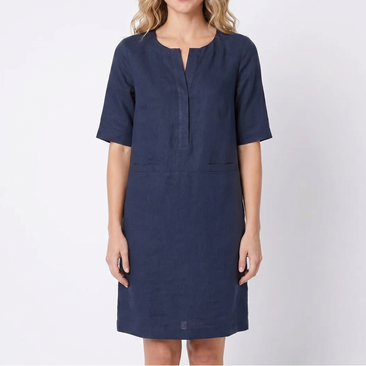 Women's Linen Shift Dress Half Sleeve Notch Neck Pockets Midi
