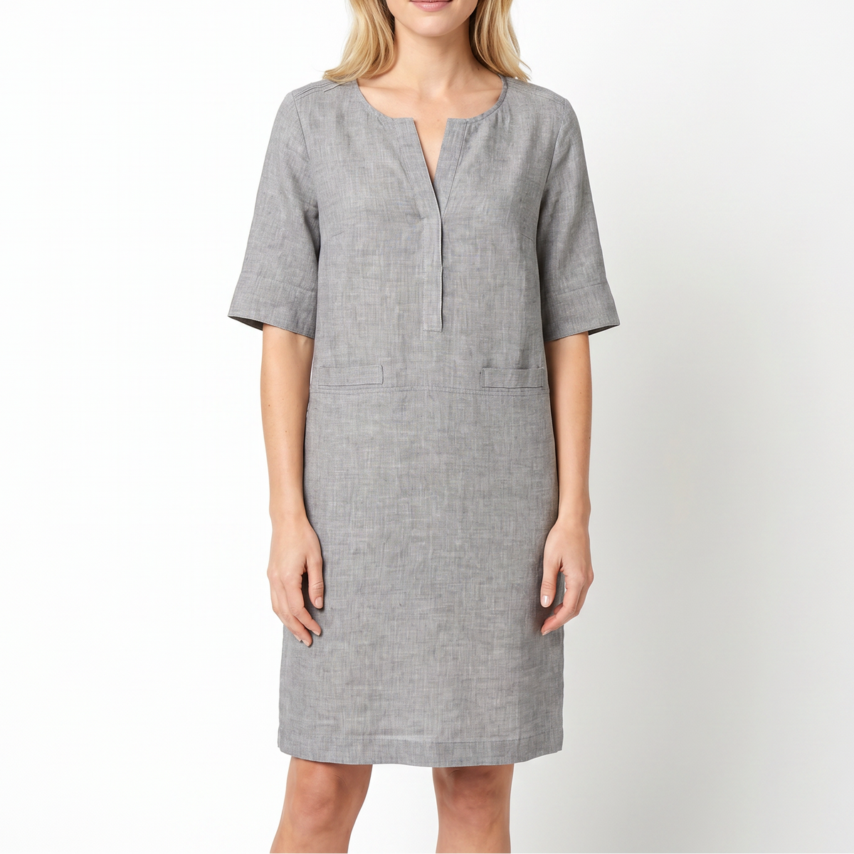 Women's Linen Shift Dress Half Sleeve Notch Neck Pockets Midi