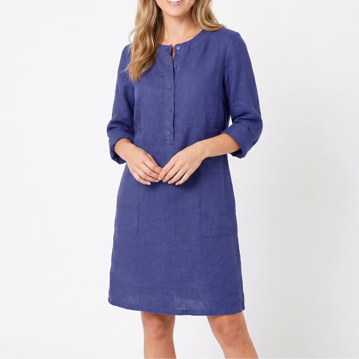 Women's Linen Shift Dress Roll Sleeve Button Placket Pockets Midi