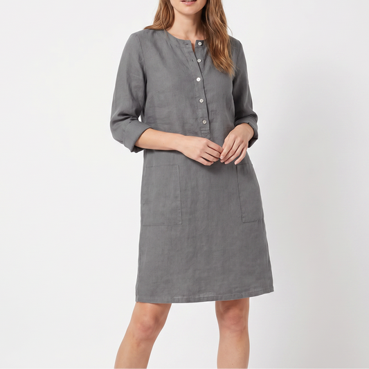 Women's Linen Shift Dress Roll Sleeve Button Placket Pockets Midi