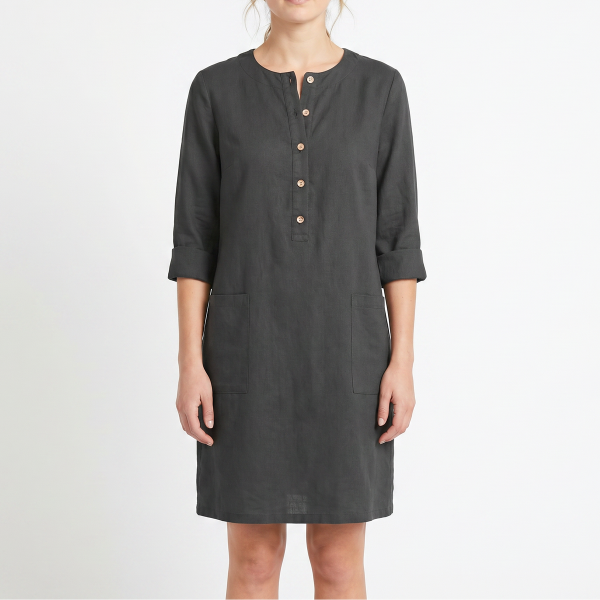 Women's Linen Shift Dress Roll Sleeve Button Placket Pockets Midi