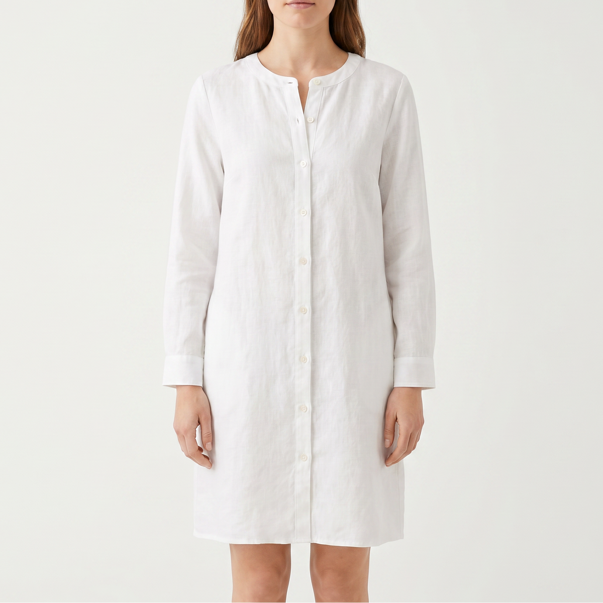 Women's Linen Shift Dress Roll Sleeve Button Placket Pockets Midi