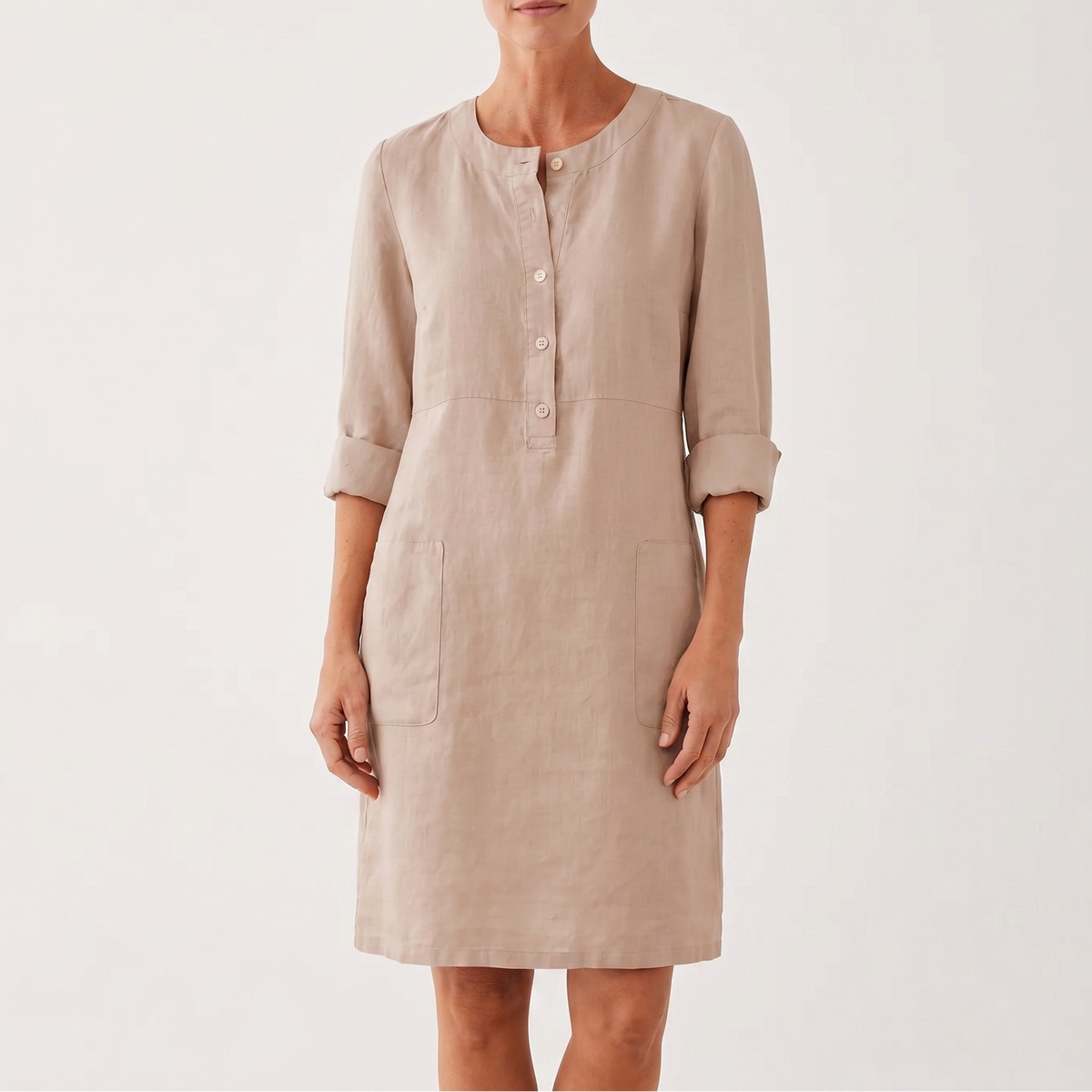 Women's Linen Shift Dress Roll Sleeve Button Placket Pockets Midi