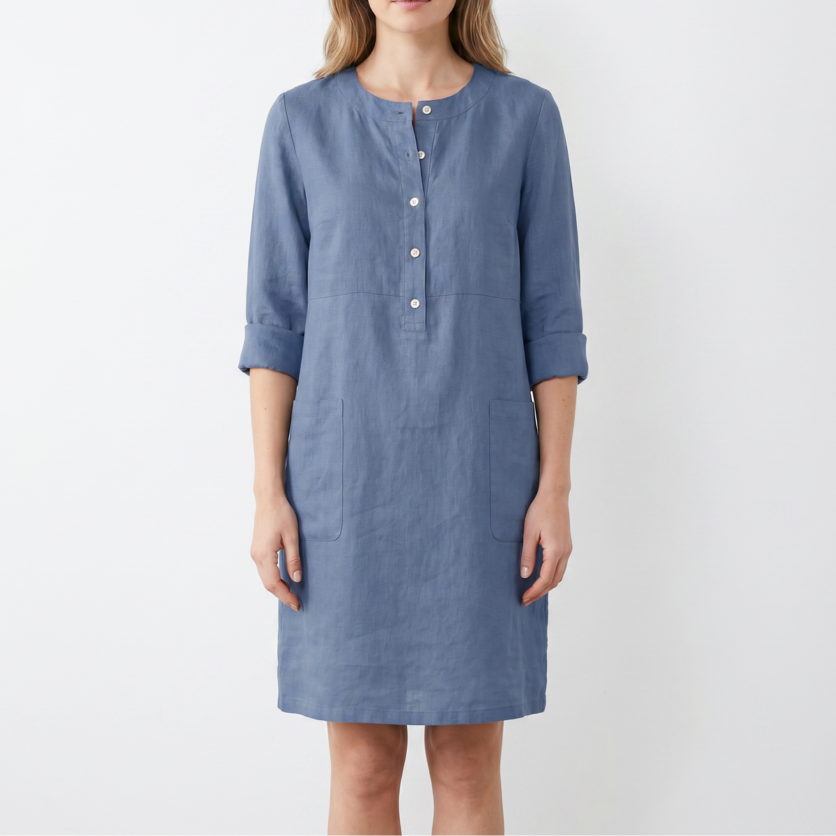Women's Linen Shift Dress Roll Sleeve Button Placket Pockets Midi