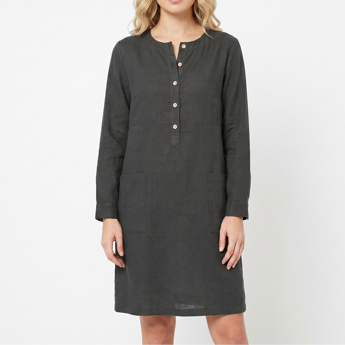 Women's Linen Shift Dress Roll Sleeve Button Placket Pockets Midi