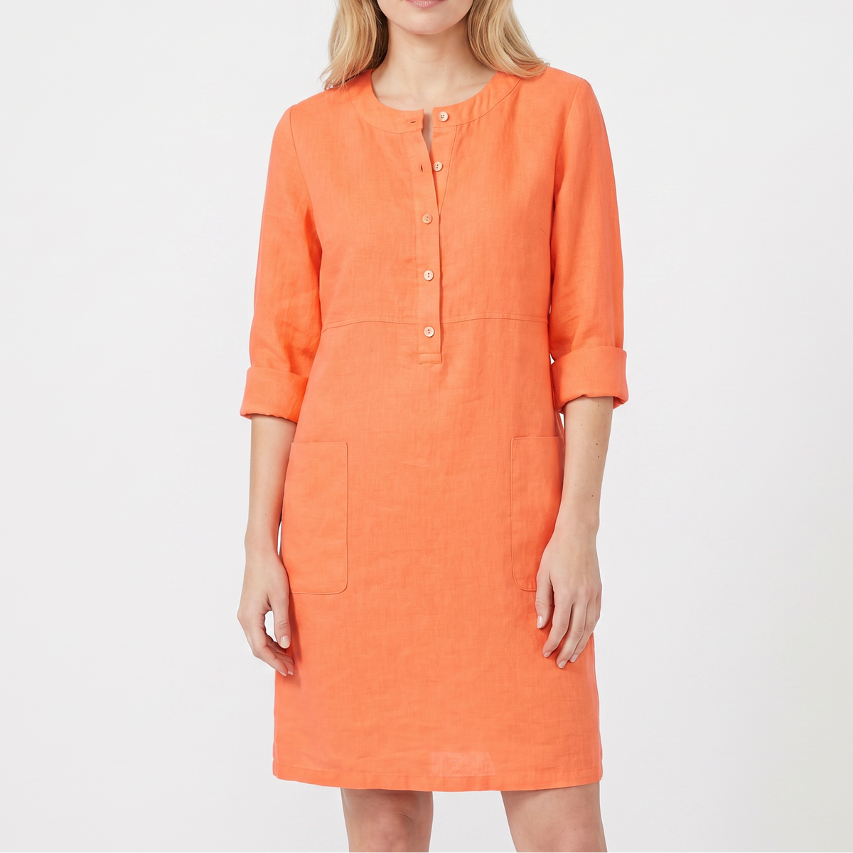 Women's Linen Shift Dress Roll Sleeve Button Placket Pockets Midi