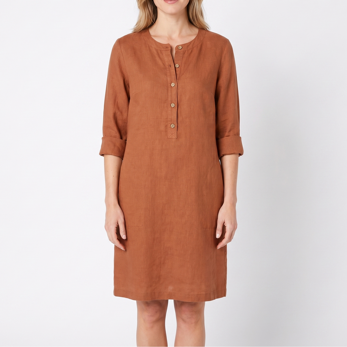 Women's Linen Shift Dress Roll Sleeve Button Placket Pockets Midi