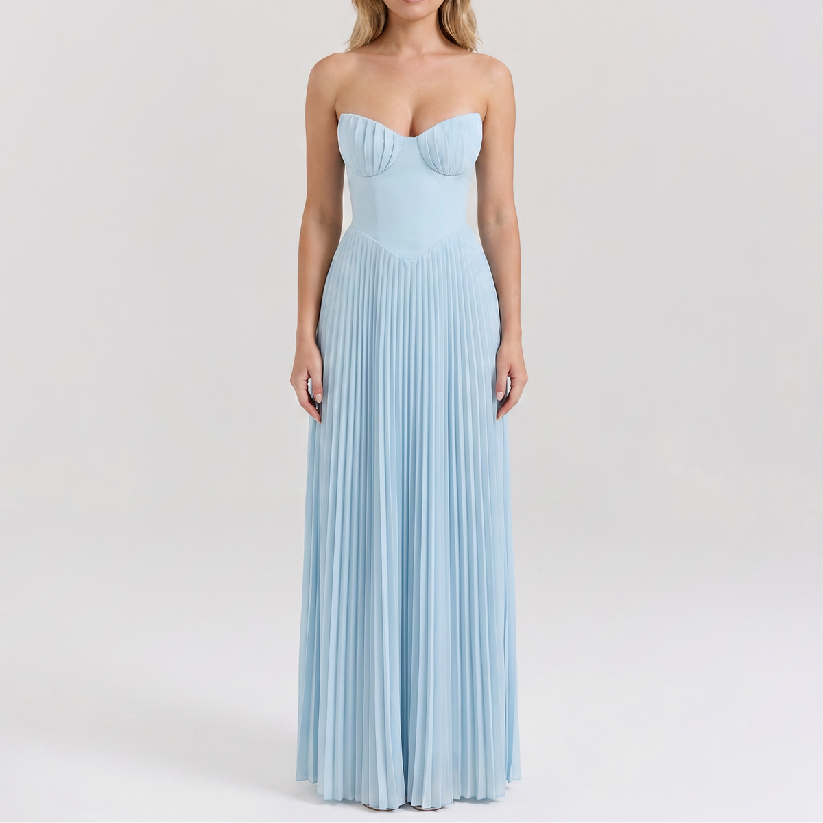 Women's Strapless Maxi Dress Bustier Bodice Pleated Skirt Formal