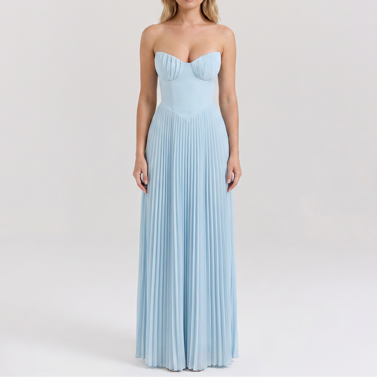 Women's Strapless Maxi Dress Bustier Bodice Pleated Skirt Formal