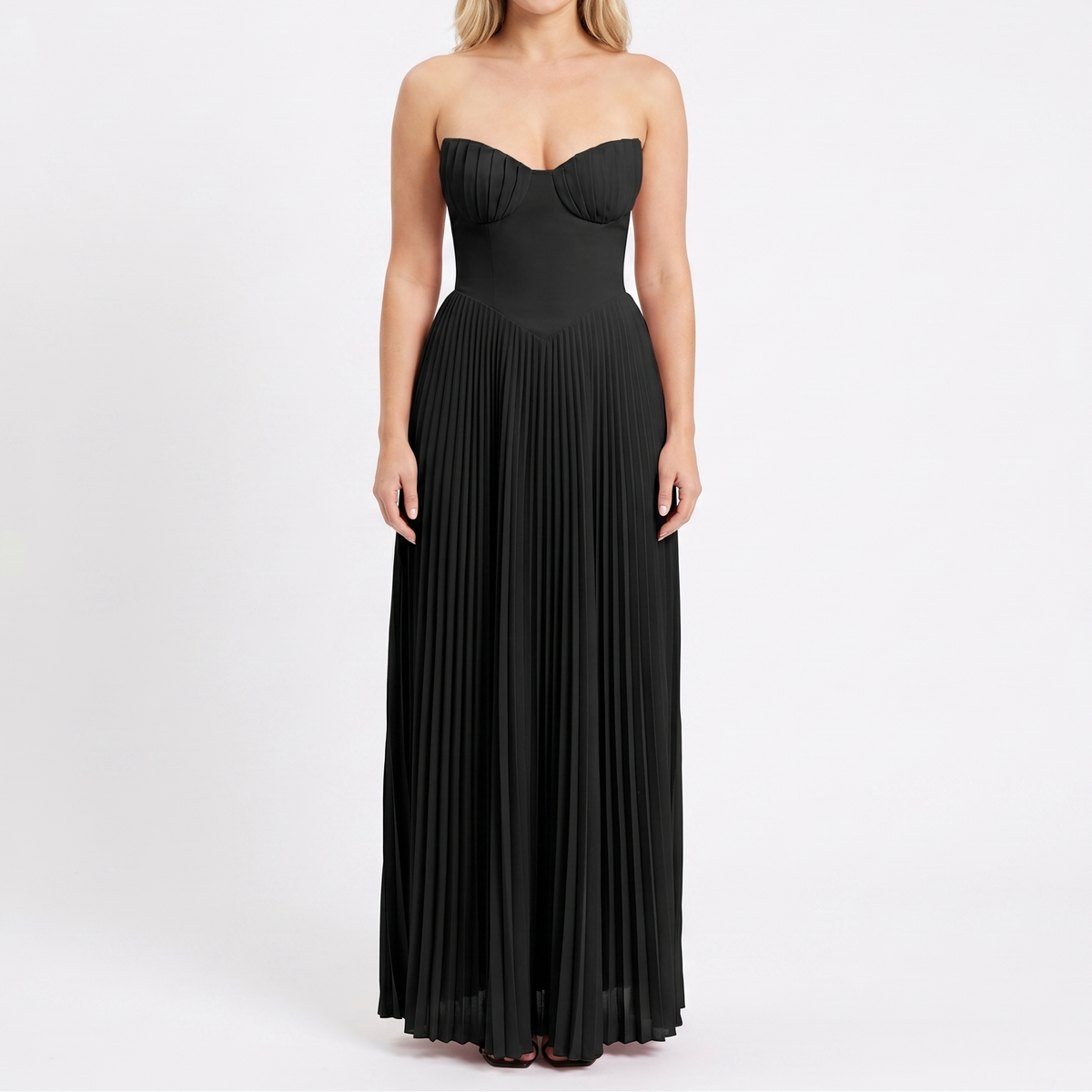 Women's Strapless Maxi Dress Bustier Bodice Pleated Skirt Formal
