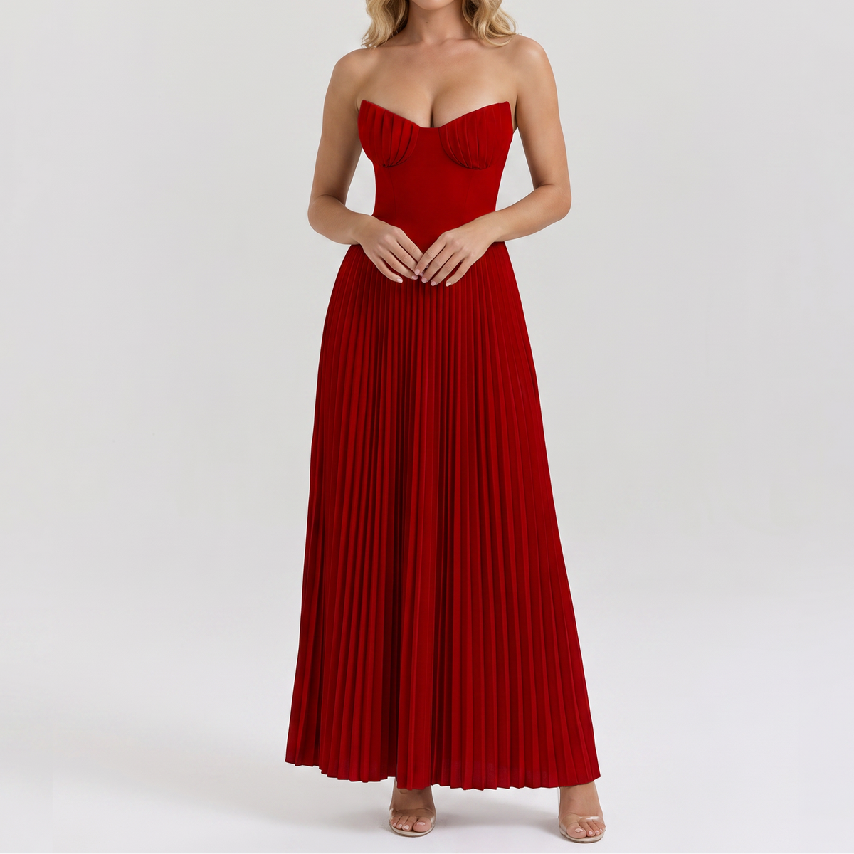 Women's Strapless Maxi Dress Bustier Bodice Pleated Skirt Formal
