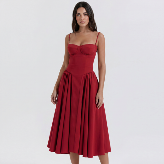 Women's Corset Midi Dress Bustier Bodice Fit and Flare Cocktail