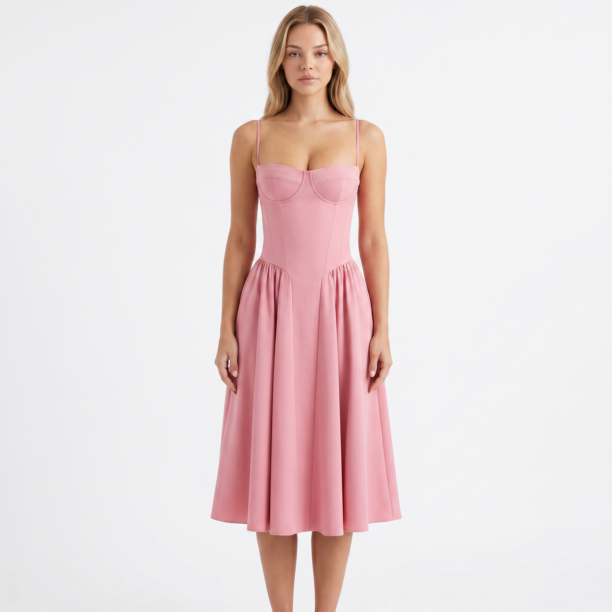 Women's Corset Midi Dress Bustier Bodice Fit and Flare Cocktail