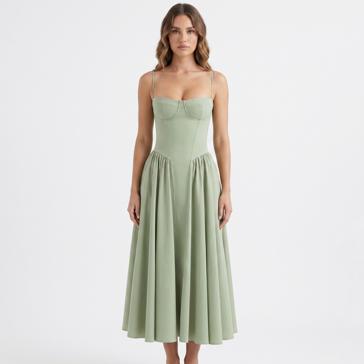 Women's Corset Midi Dress Bustier Bodice Fit and Flare Cocktail