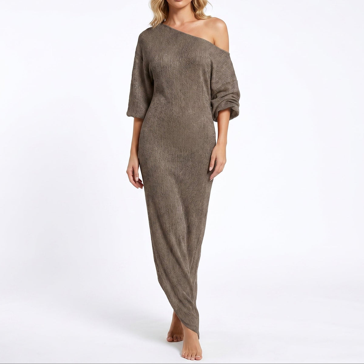 Women's Linen Maxi Dress One Shoulder Batwing Sleeve Oversized