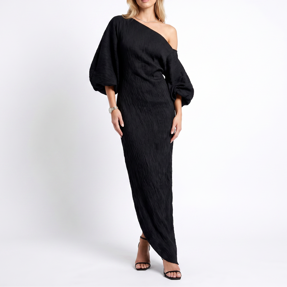 Women's Linen Maxi Dress One Shoulder Batwing Sleeve Oversized