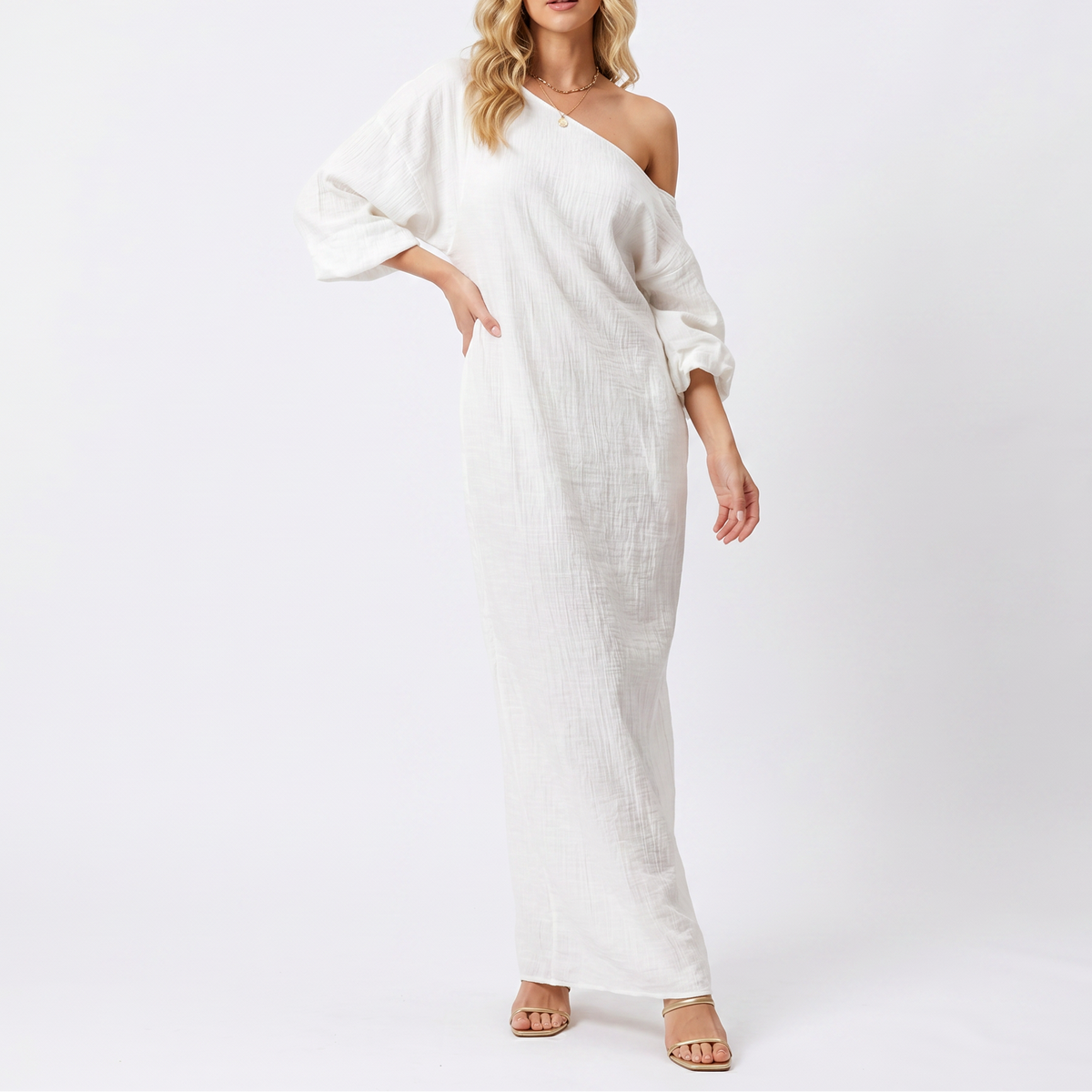 Women's Linen Maxi Dress One Shoulder Batwing Sleeve Oversized