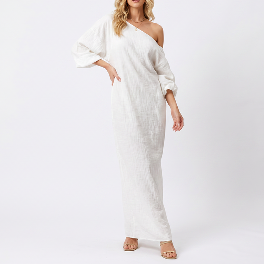 Women's Linen Maxi Dress One Shoulder Batwing Sleeve Oversized