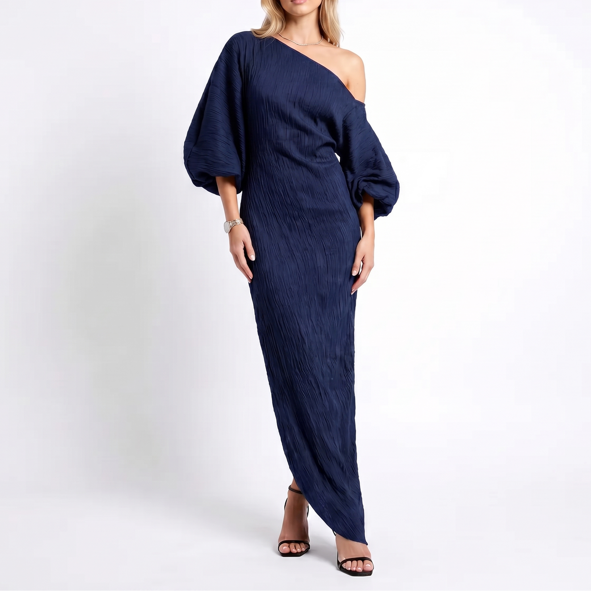 Women's Linen Maxi Dress One Shoulder Batwing Sleeve Oversized
